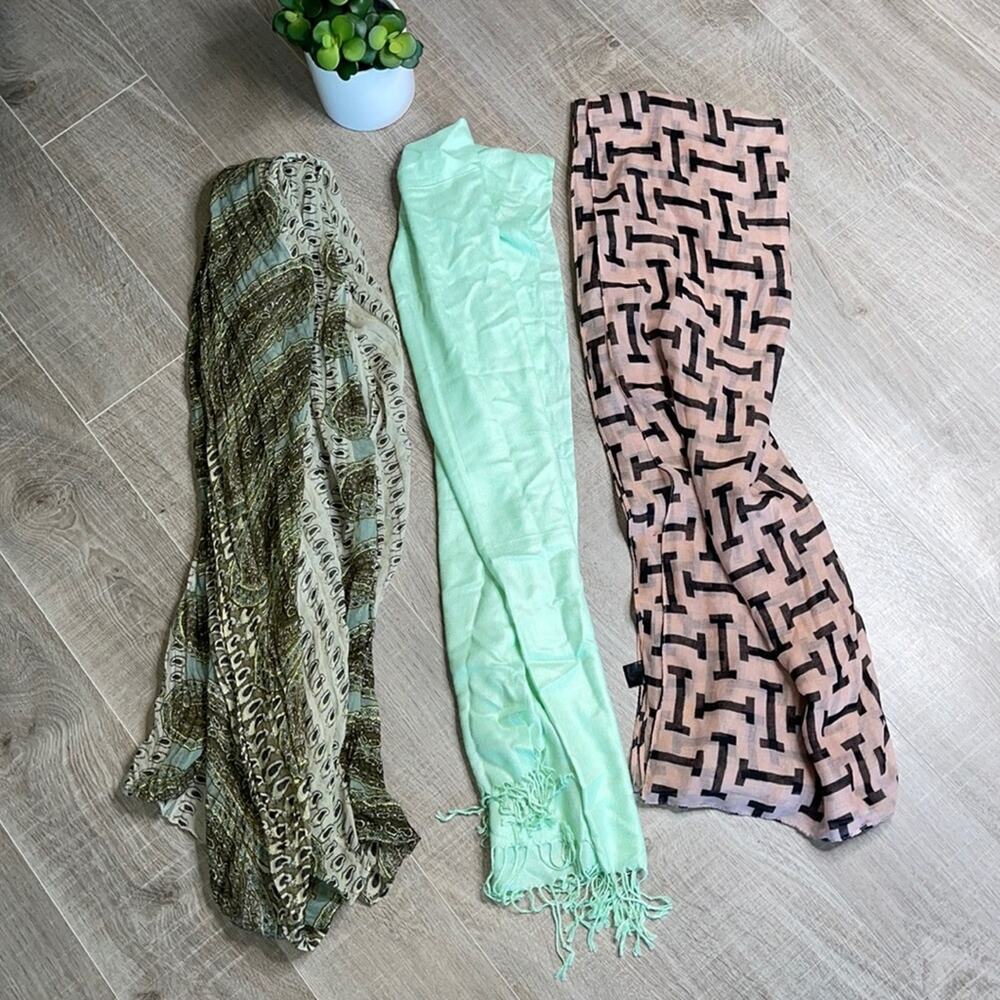 Bundle Of Scarves: Green, Tan, Blue, Pink, Black